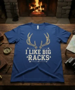 Blue t-shirt with "I Like Big Racks" text and deer antlers graphic, designed for hunters