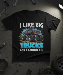 I Like Big Trucks And I Cannot Lie text design with a blue monster truck graphic in the mud