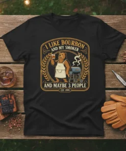 Bear wearing apron holding bourbon glass next to smoker with text I Like Bourbon And My Smoker And Maybe 3