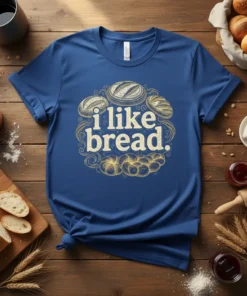 Blue t-shirt with "i like bread." text surrounded by illustrated loaves of bread in a circular design