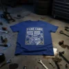 Blue t-shirt with white text "I Like Cars More More Than People" and a detailed engine graphic, for car enthusiasts