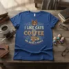 I Like Cats and Coffee and Maybe 3 People quote t-shirt design with cat face and coffee cup graphic