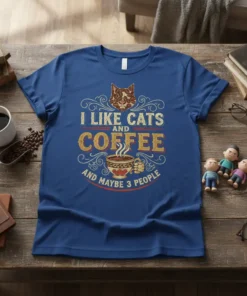 I Like Cats and Coffee and Maybe 3 People quote t-shirt design with cat face and coffee cup graphic