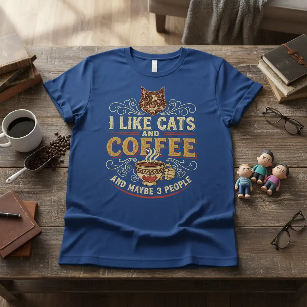 I Like Cats and Coffee and Maybe 3 People quote with cat and coffee cup graphic on t-shirt