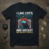 Black t-shirt with "I Like Cats And Hockey And Hockey And Maybe 3 People" text, featuring a black cat in