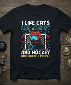 Black t-shirt with "I Like Cats And Hockey And Hockey And Maybe 3 People" text, featuring a black cat in