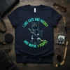 T-shirt featuring the text "I Like Cats And Hockey And Maybe 3 People" with a graphic of a black cat