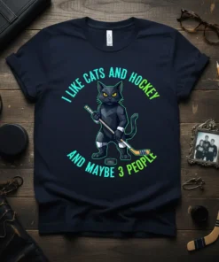T-shirt featuring the text "I Like Cats And Hockey And Maybe 3 People" with a graphic of a black cat