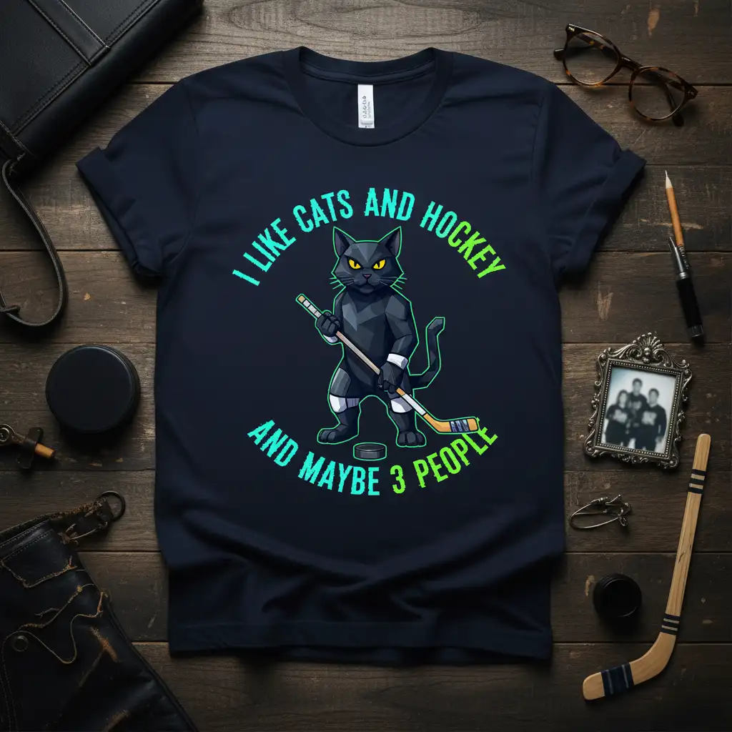 I Like Cats And Hockey And Maybe 3 People quote t-shirt with a black cat hockey player graphic