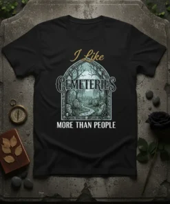 I Like Cemeteries MORE THAN PEOPLE t-shirt featuring a gothic graveyard scene with tombstones and trees