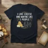 I Like Cheese and Maybe Like 3 People quote on a navy t-shirt with cheese graphics and stick figures