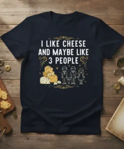 I Like Cheese and Maybe Like 3 People quote on a navy t-shirt with cheese graphics and stick figures