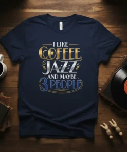 I Like Coffee Jazz and Maybe 3 People text design with coffee bean and musical notes graphic on a navy