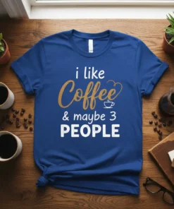 I Like Coffee & Maybe 3 PEOPLE quote on a royal blue t-shirt, featuring stylized text and a coffee cup