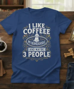 I Like Coffee My Bernedoodle And Maybe 3 People t-shirt with a cute Bernedoodle graphic and vintage typography