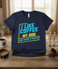 Navy blue t-shirt with text "I LIKE COFFEE MY DOG AND MAYBE 3 PEOPLE" in blue and yellow, perfect for