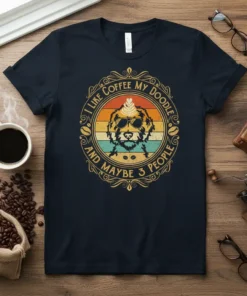 I Like Coffee My Doodle And Maybe 3 People quote t-shirt with a retro doodle dog wearing sunglasses and coffee