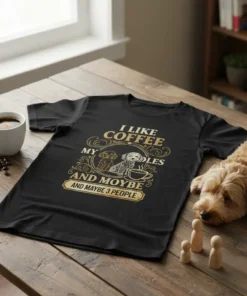 I Like Coffee My Poodles And Maybe 3 People t-shirt with golden typography featuring two poodles and a coffee cup