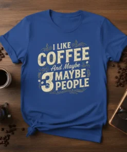 I Like Coffee And Maybe 3 People quote on a blue t-shirt, featuring vintage typography and coffee bean graphics