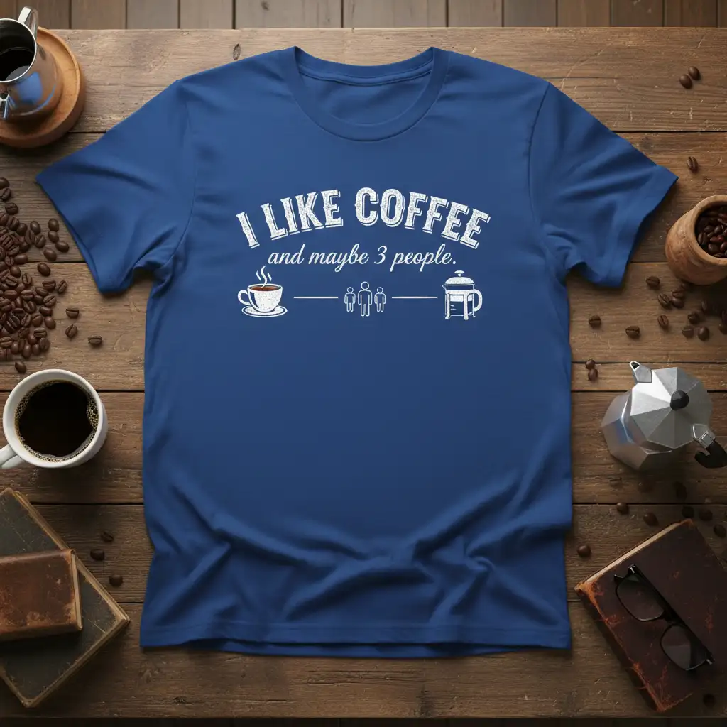 I LIKE COFFEE and maybe 3 people quote with coffee cup and French press graphics on a blue tee
