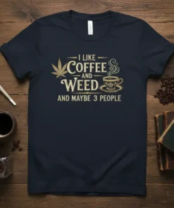 Navy blue t-shirt with the text "I LIKE COFFEE AND WEED AND MAYBE 3 PEOPLE" in distressed gold font, featuring