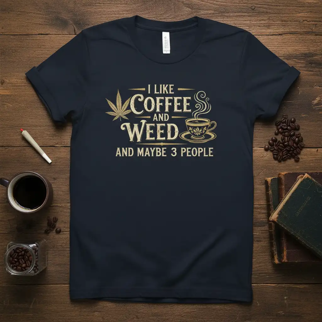 I Like Coffee And Weed And Maybe 3 People quote t-shirt with cannabis leaf and coffee cup graphic