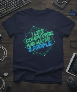 T-shirt with neon text "I Like Computers And Maybe 3 People" in a geometric frame, navy blue background
