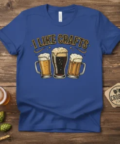 I Like Crafts text design with three frothy beer mugs on a blue t-shirt