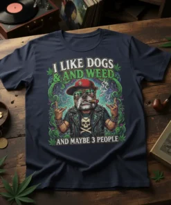 I Like Dogs & And Weed And Maybe 3 People T-Shirt design featuring a cool bulldog smoking a cigar and