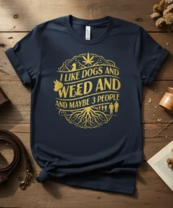 I Like Dogs and Weed and Maybe 3 People quote t-shirt with golden dog, cannabis leaves, and root graphic