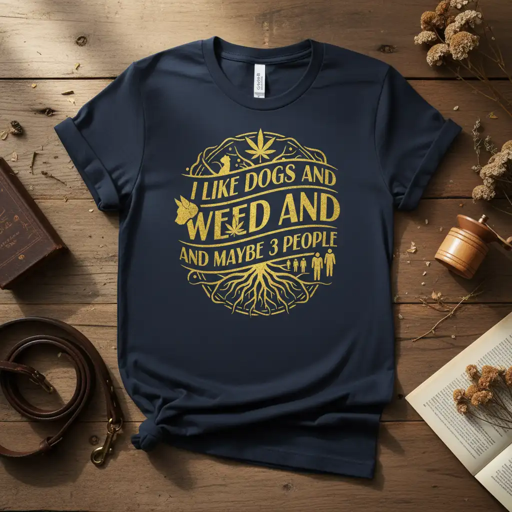 I Like Dogs and Weed and Maybe 3 People quote with dog, cannabis, and root graphic on navy tee