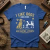 I Like Dogs And Cows And Maybe 3 People text with golden retriever and cow illustration on blue t-shirt