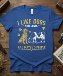 I Like Dogs And Cows And Maybe 3 People text with golden retriever and cow illustration on blue t-shirt