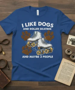 I Like Dogs And Roller Skating And Maybe 3 People quote on a blue t-shirt with roller skates and paw