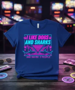T-shirt with neon text "I Like Dogs and Sharks and Maybe 3 People" featuring shark graphics and paw prints