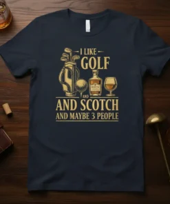 I Like Golf and Scotch And Maybe 3 People t-shirt design with golf bag, clubs, golf ball, scotch bottle and