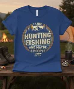 I Like Hunting Fishing and Maybe 3 People text with mountain and tree graphic on a blue t-shirt