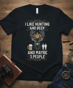 I Like Hunting and Beer and Maybe 3 People quote on a black t-shirt with deer, beer mug, and people
