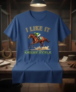 I Like It Derby Style horse racing t-shirt design featuring a galloping thoroughbred and jockey