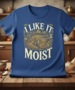 I Like It Moist Thanksgiving turkey design with ornate golden scrollwork on a royal blue t-shirt