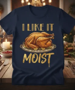 I Like It Moist text with a golden roasted turkey graphic on a navy blue t-shirt design