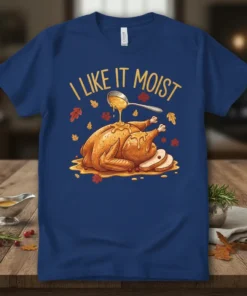 I Like It Moist funny Thanksgiving turkey t-shirt design with gravy pouring over a whole roasted chicken and autumn leaves