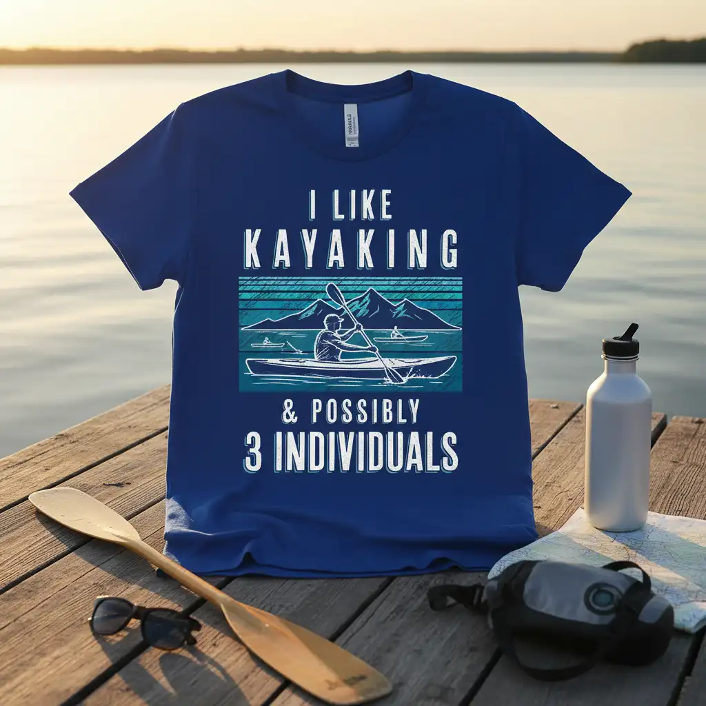 I Like Kayaking & Possibly 3 Individuals humorous quote design on a blue t-shirt with graphic