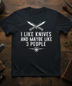 Black t-shirt with white text "I LIKE KNIVES AND MAYBE LIKE 3 PEOPLE" and crossed knives graphic