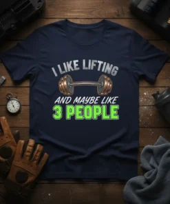 I Like Lifting And Maybe Like 3 People humorous gym quote t-shirt with barbell graphic