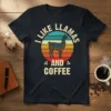 Retro t-shirt design with text "I Like Llamas And Coffee" and a stylized llama graphic