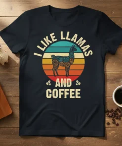 Retro t-shirt design with text "I Like Llamas And Coffee" and a stylized llama graphic