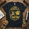 Black t-shirt with yellow text "I Like Motorcycles Camping And Maybe 3 People" featuring a motorcycle and tent graphic