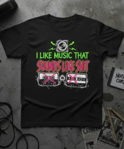 I Like Music That Sounds Like Shit text with crossed-out cassette tapes graphic on black t-shirt