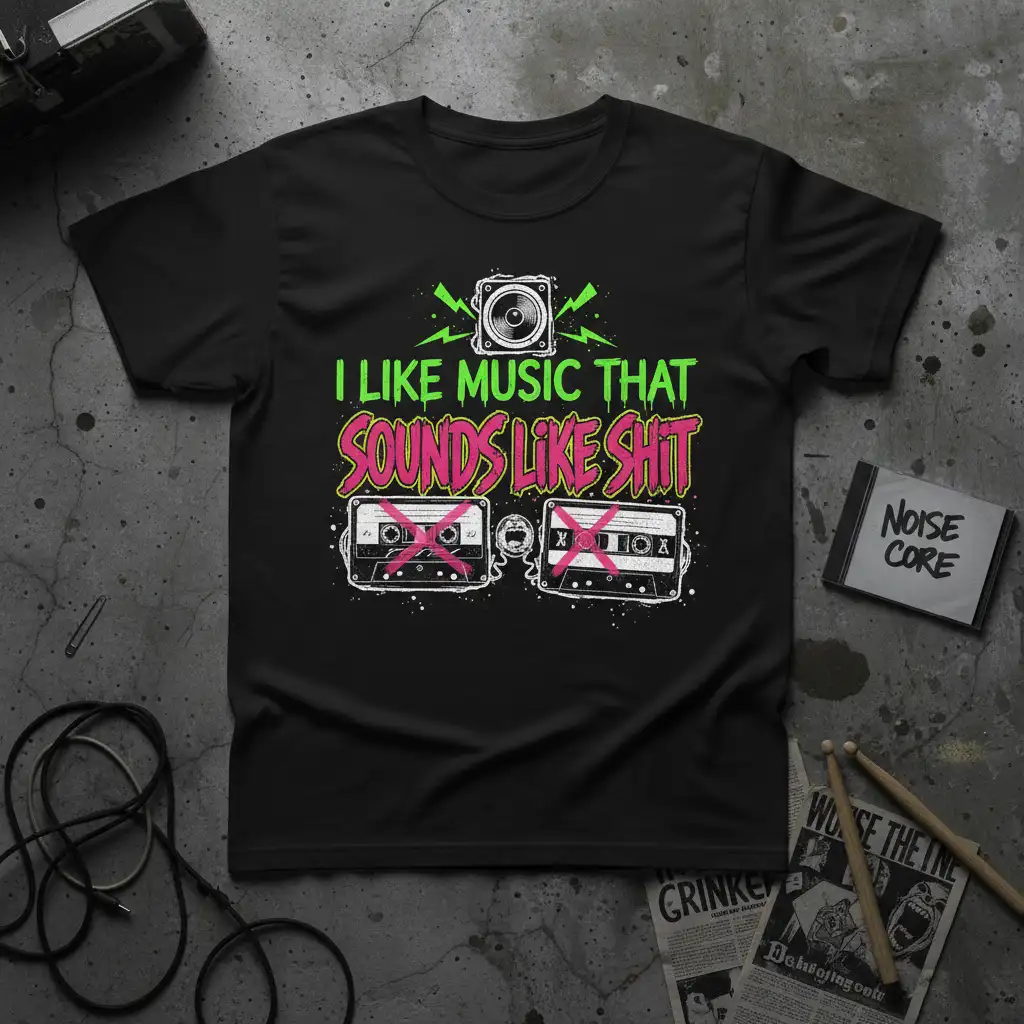 I Like Music That Sounds Like Shit quote with retro cassette tapes and speaker graphic on a black tee